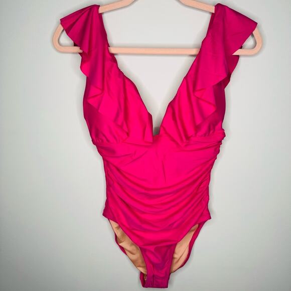 NWT J Crew Ruched Ruffled One Piece Bathing Suit Swim Fuchsia Size 8 - Picture 4 of 7